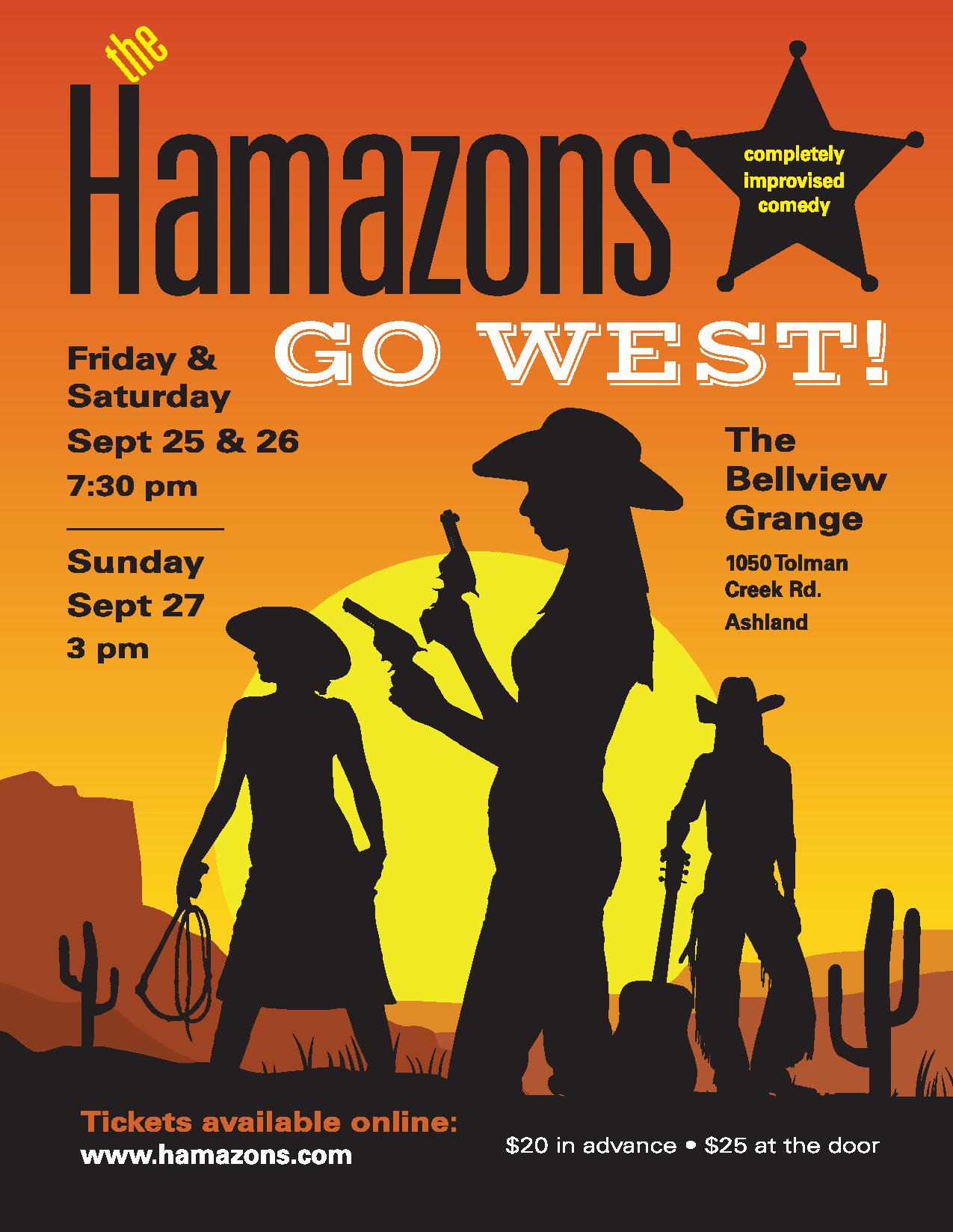 The Hamazons present Heart & Hilarity, Improv in the style of Jane Austen, May 29, 30, and 31 at the Bellview Grange in Ashland, Oregon. Tickets available at the door.